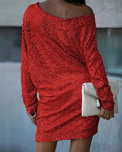 Fashion Oblique Shoulder Sequins Dress Ins Long-sleeved Dresses For Party Women&