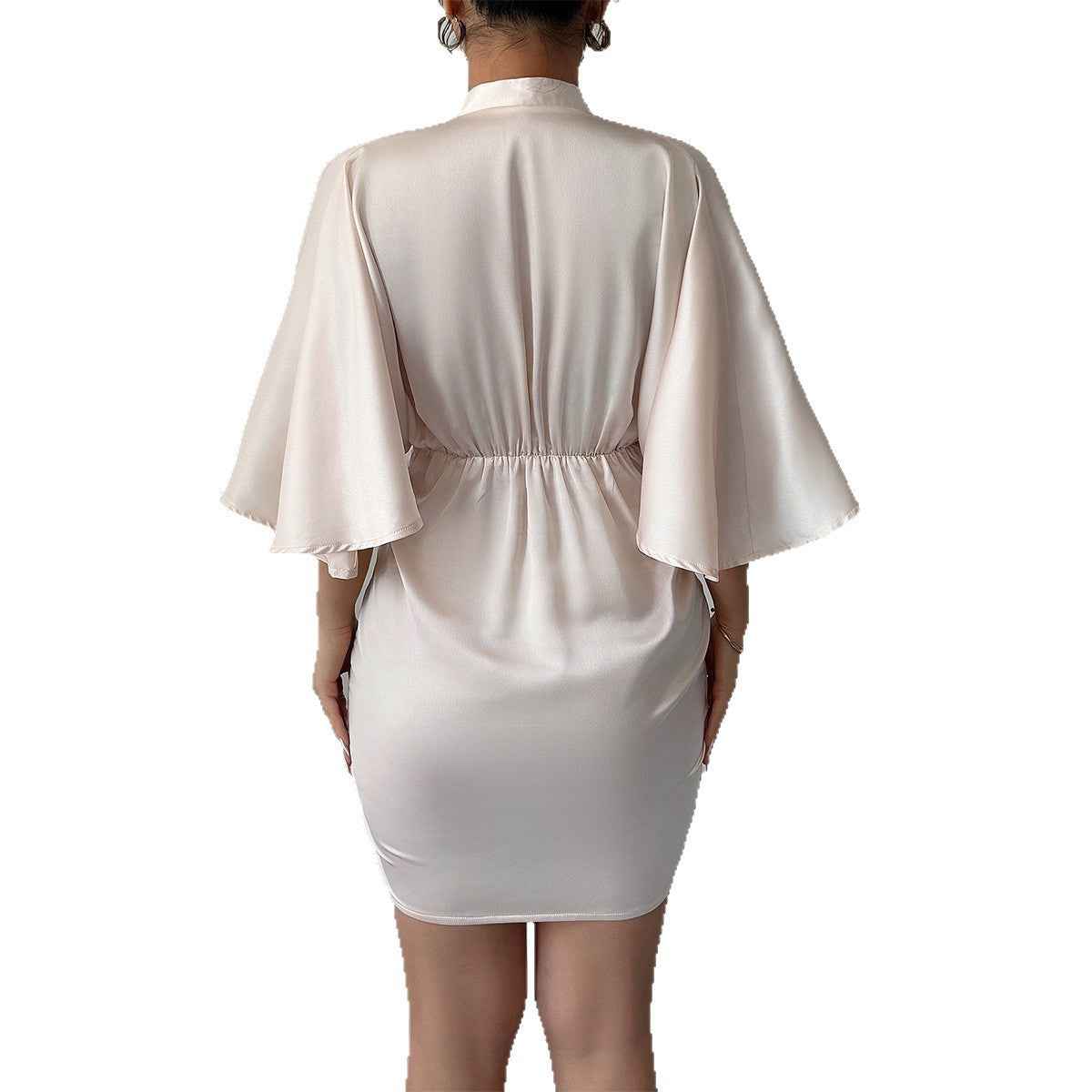High-end Simple Style Deep V Waist Wide Sleeve Hip Skirt Dress