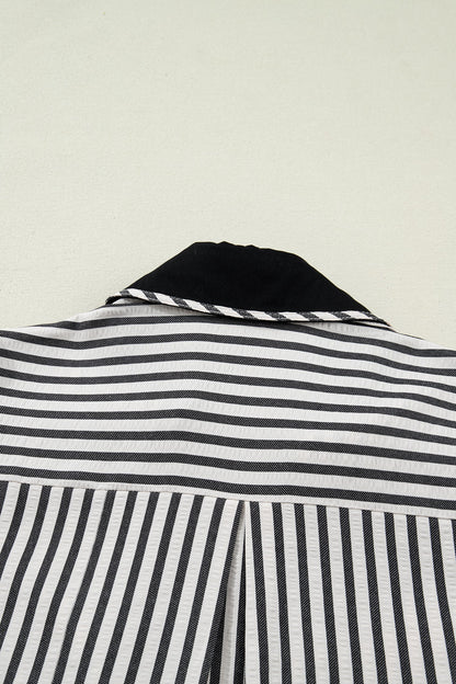 Stripe Collared V-Neck Bubble Sleeve Blouse