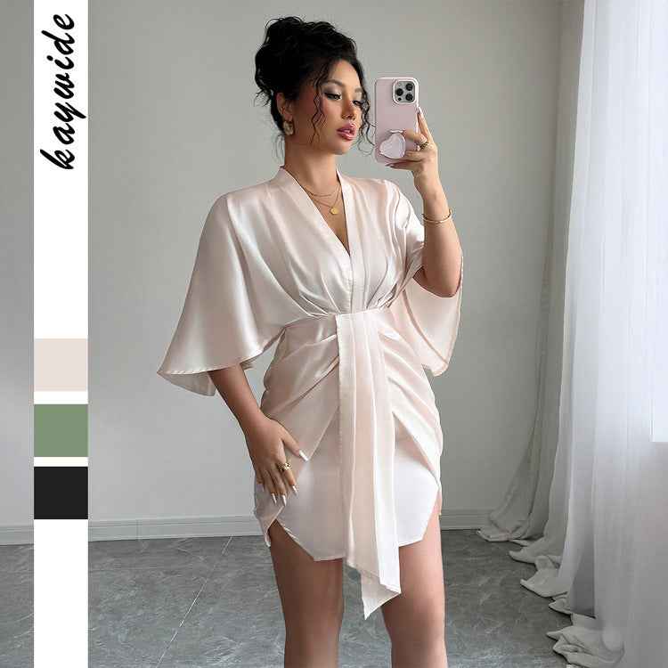High-end Simple Style Deep V Waist Wide Sleeve Hip Skirt Dress