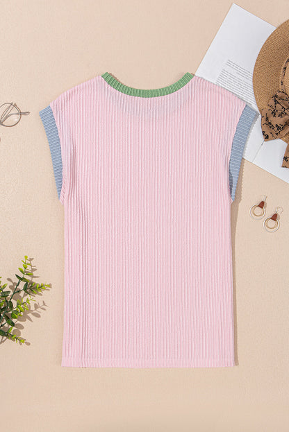 Colorblock Corded Knit Crew Neck Tee