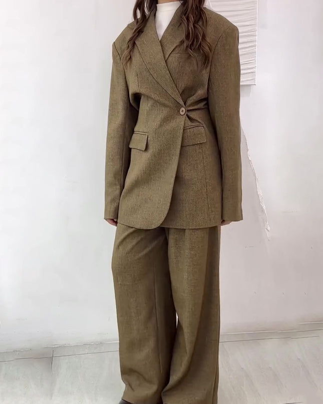 Solid Color Slit Back Buttoned Waist Blazer & High Waist Pants Set
