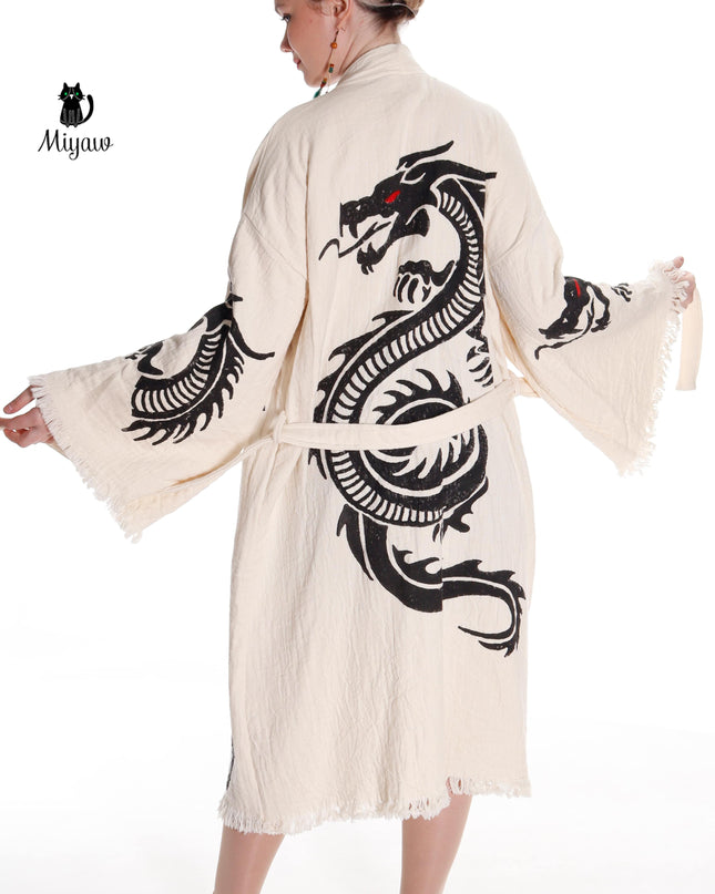 Boho Cotton Bath Robe – Organic Cotton Kimono Robe for Women, Dragon Gown & Beach Cover Ups
