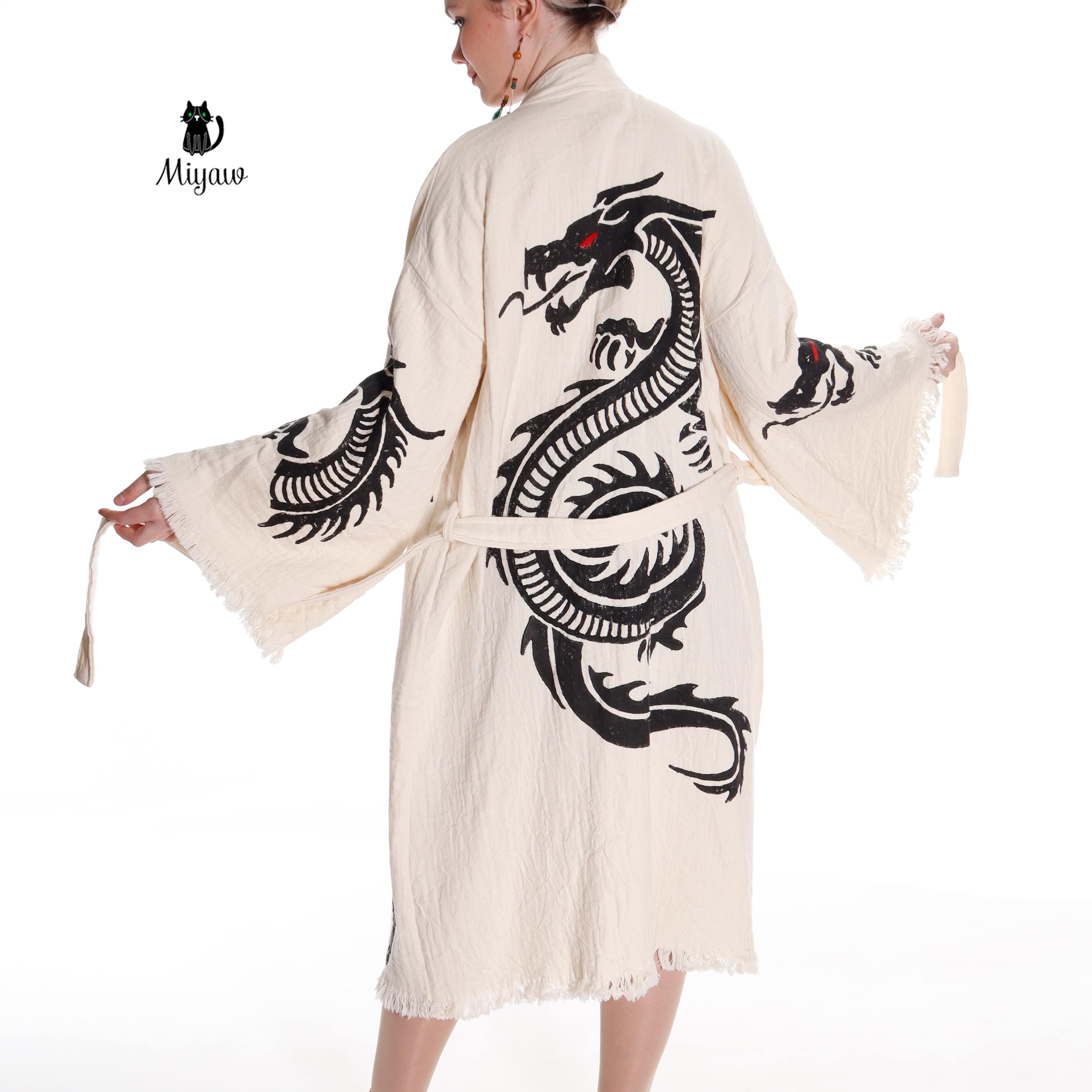 Boho Cotton Bath Robe – Organic Cotton Kimono Robe for Women, Dragon Gown &amp; Beach Cover Ups