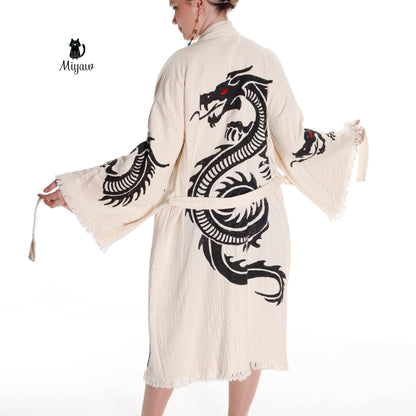 Boho Cotton Bath Robe – Organic Cotton Kimono Robe for Women, Dragon Gown &amp; Beach Cover Ups