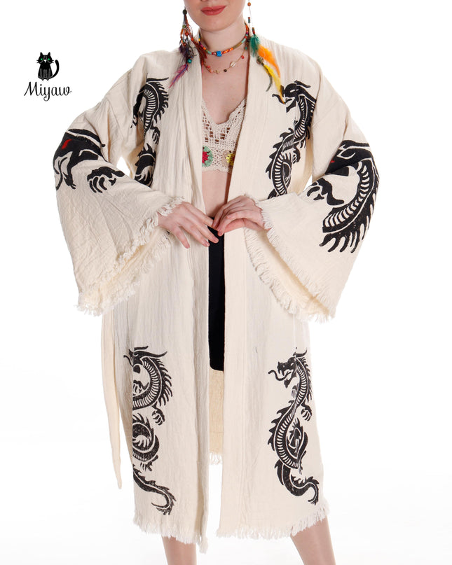 Boho Cotton Bath Robe – Organic Cotton Kimono Robe for Women, Dragon Gown & Beach Cover Ups