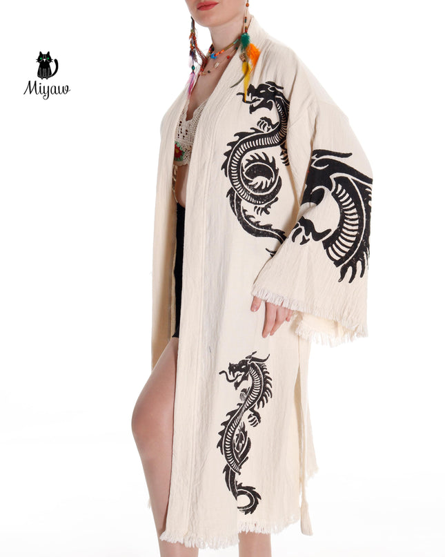 Boho Cotton Bath Robe – Organic Cotton Kimono Robe for Women, Dragon Gown & Beach Cover Ups