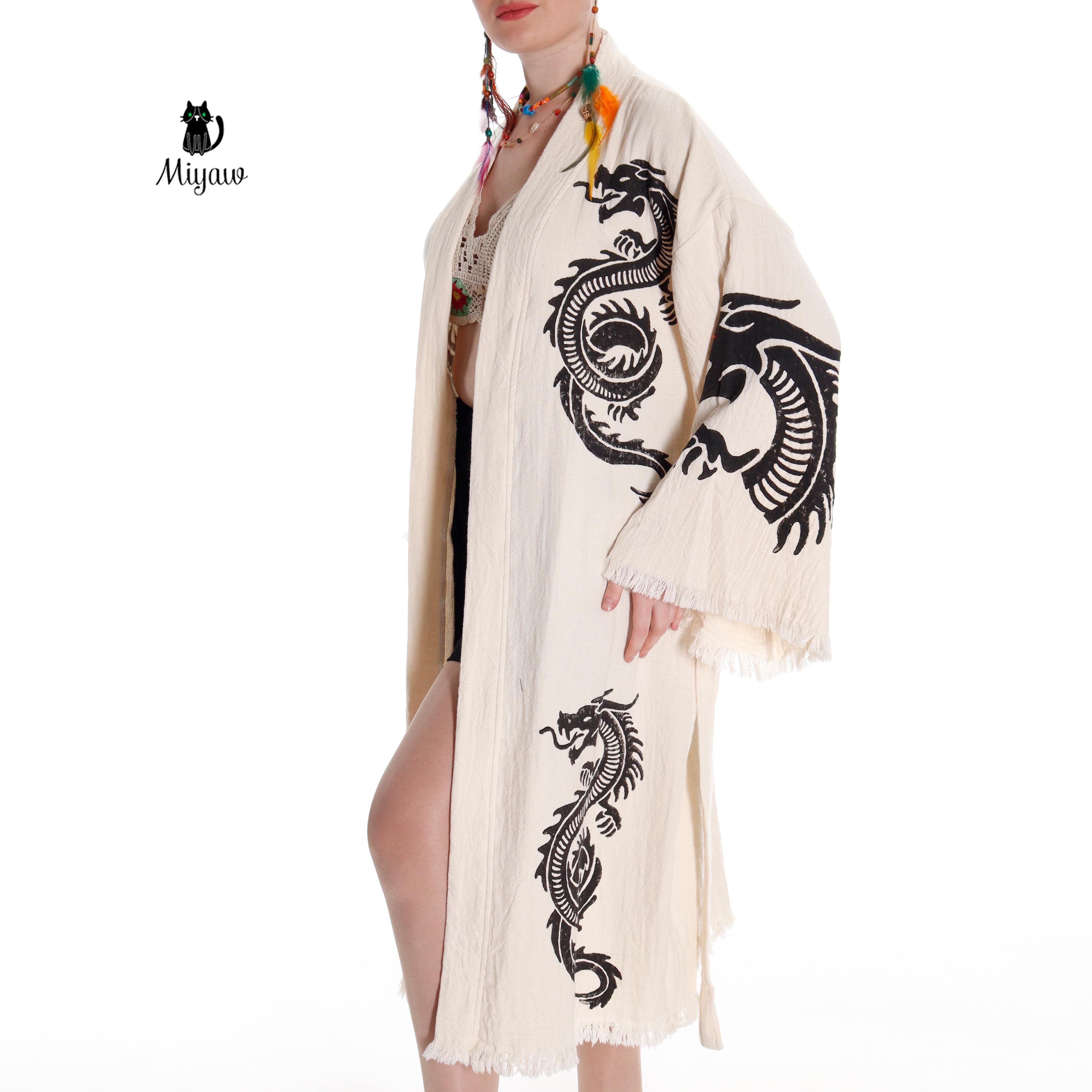 Boho Cotton Bath Robe – Organic Cotton Kimono Robe for Women, Dragon Gown &amp; Beach Cover Ups