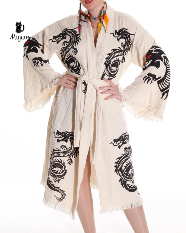 Boho Cotton Bath Robe – Organic Cotton Kimono Robe for Women, Dragon Gown & Beach Cover Ups
