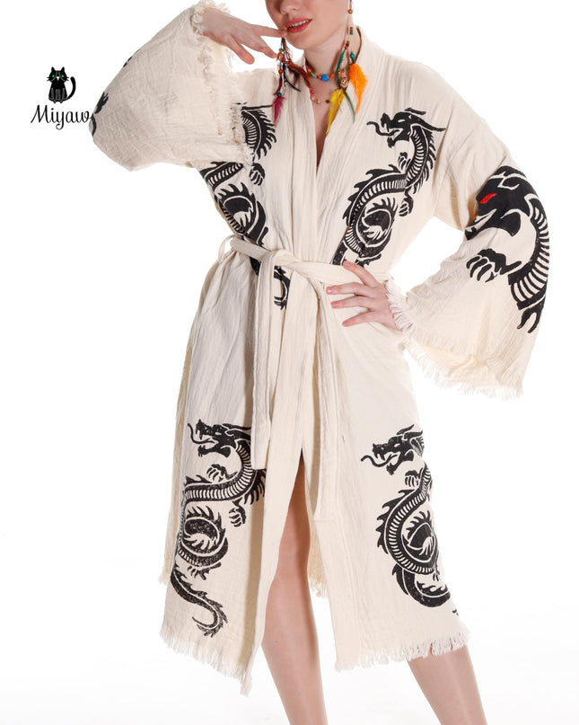 Boho Cotton Bath Robe – Organic Cotton Kimono Robe for Women, Dragon Gown & Beach Cover Ups