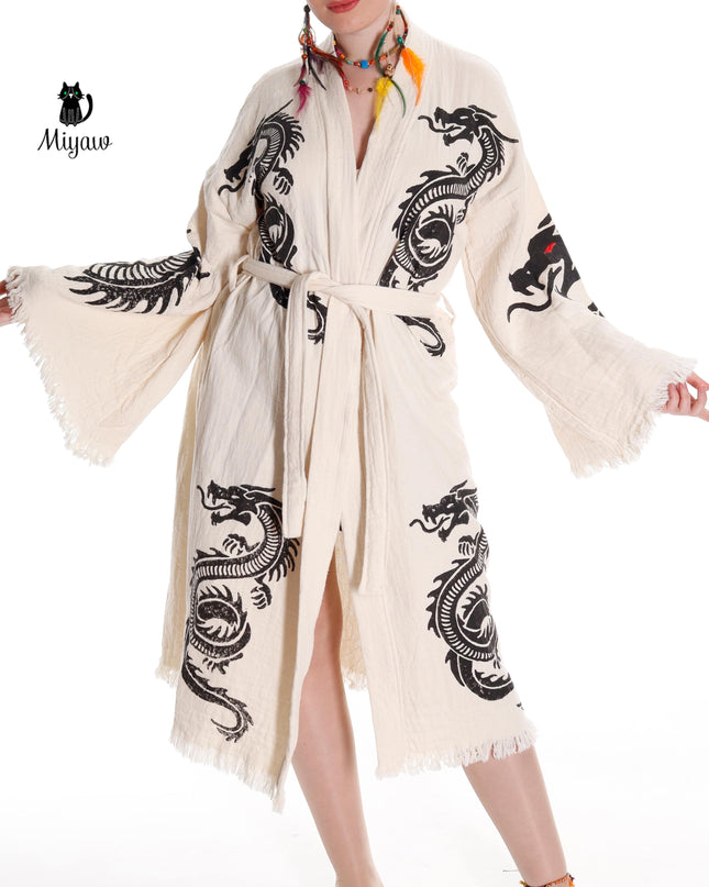 Boho Cotton Bath Robe – Organic Cotton Kimono Robe for Women, Dragon Gown & Beach Cover Ups