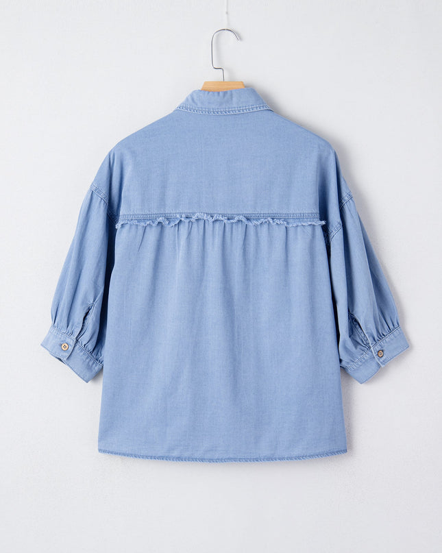 Denim Chambray Drop Shoulder 3/4 Sleeve Shirt