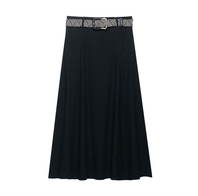 Belt Linen Blend Midi Skirt Skirt