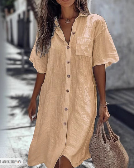 Casual Solid Shirt Dress Lady Fashion Short Sleeve Button Loose Dresses Women Elegant Office Skirt Womens Clothing Summer