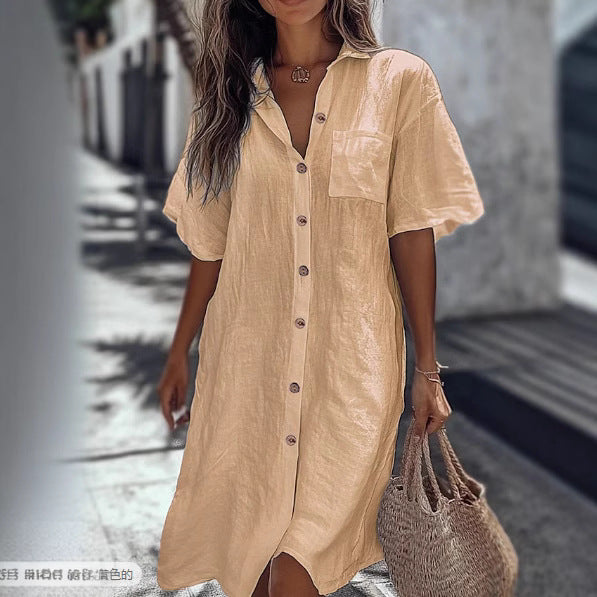 Casual Solid Shirt Dress Lady Fashion Short Sleeve Button Loose Dresses Women Elegant Office Skirt Womens Clothing Summer