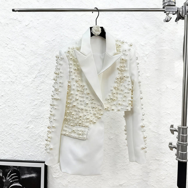 Womens Fashionable Deep V-Neck Heavy-Detailed Beaded Blazer And Skirt Set