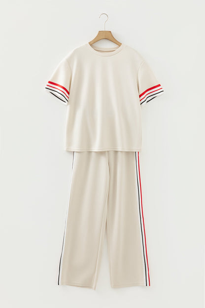 Contrast Stripe Crewneck Top &amp; Straight Pants Set