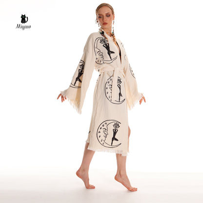 Boho Cotton Kimono Robe – Yoga Girl &amp; Moon Stamp, Organic Loungewear