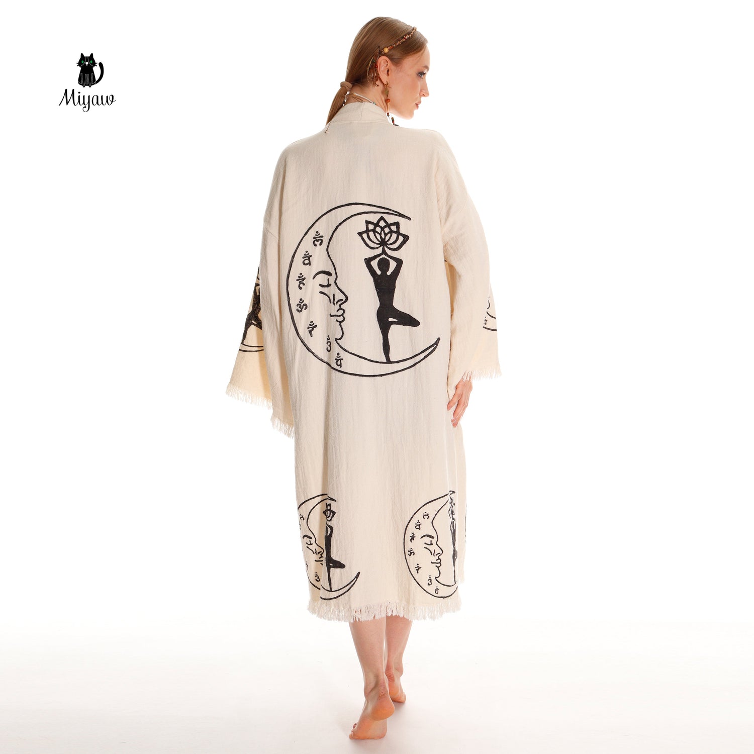 Boho Cotton Kimono Robe – Yoga Girl &amp; Moon Stamp, Organic Loungewear