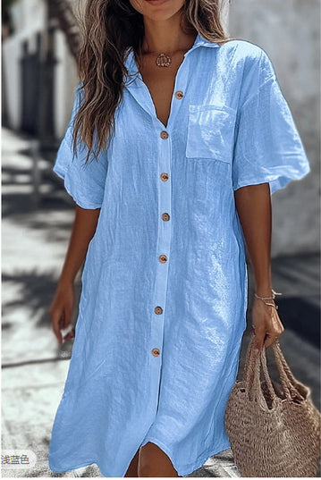 Casual Solid Shirt Dress Lady Fashion Short Sleeve Button Loose Dresses Women Elegant Office Skirt Womens Clothing Summer