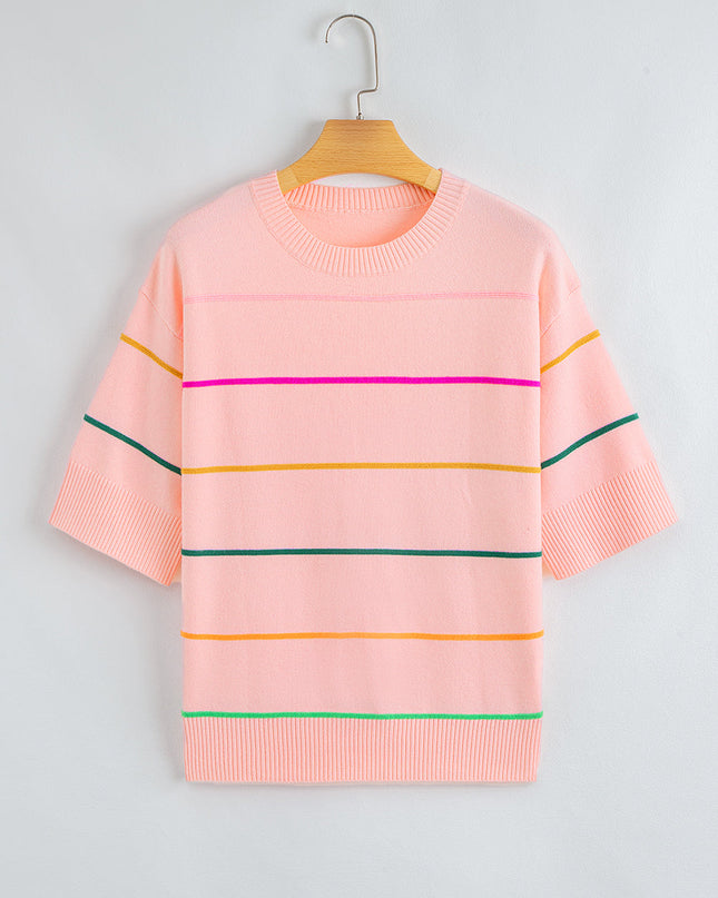 Colorblock Stripe 3/4 Sleeve Drop Shoulder Sweater