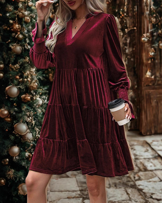 Long Sleeve Christmas Skirt Velvet Cake Dresses With Puffy Sleeves And V-Neck Mini Skirt Elegant Short Dress For Women New Year Party Clothing
