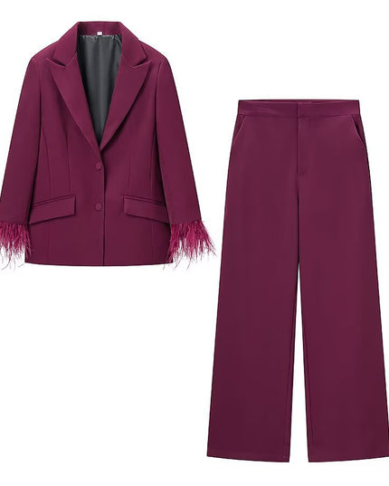 Womens Spring Fashion Suit Set Blazer With Feather Embellishments And Pants