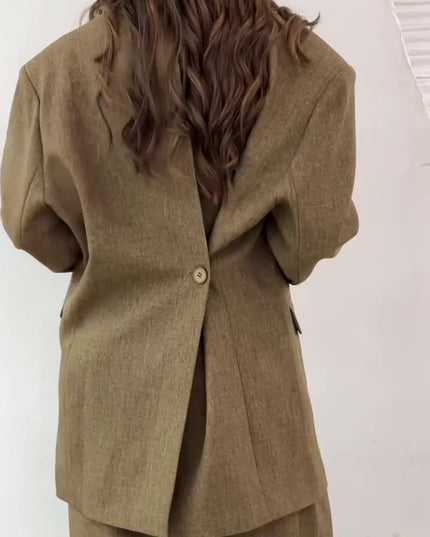 Solid Color Slit Back Buttoned Waist Blazer & High Waist Pants Set