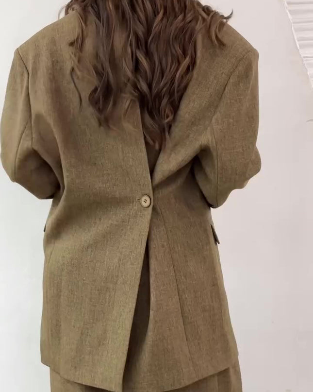 Solid Color Slit Back Buttoned Waist Blazer & High Waist Pants Set