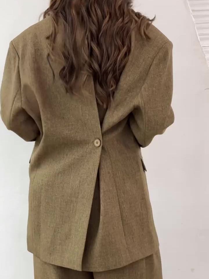Solid Color Slit Back Buttoned Waist Blazer &amp; High Waist Pants Set