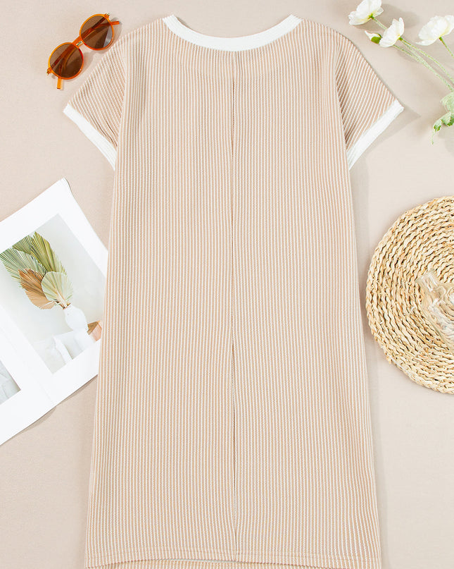 Colorblock Corded Knit Chest Pocket T-Shirt Dress