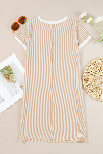 Colorblock Corded Knit Chest Pocket T-Shirt Dress
