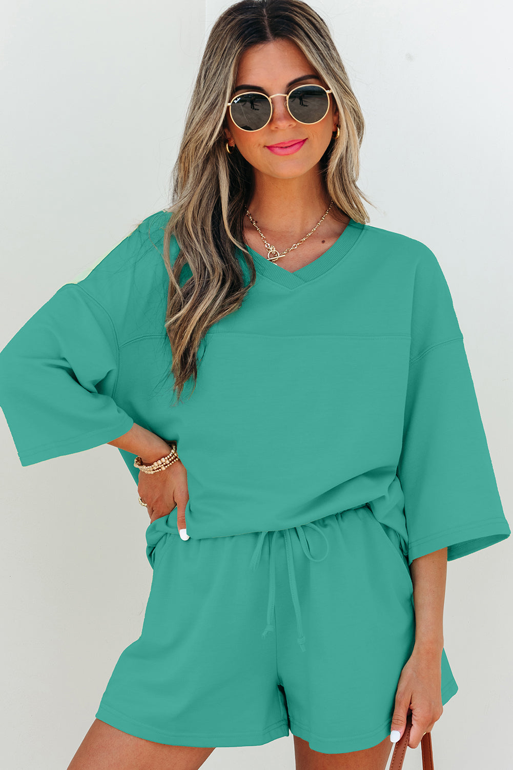 Solid Loose V-Neck Tee &amp; Drawstring Shorts Set
