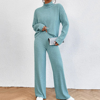 Leisure Turtleneck Knitting Long-sleeve Sweater Loose Trousers Two-piece Set