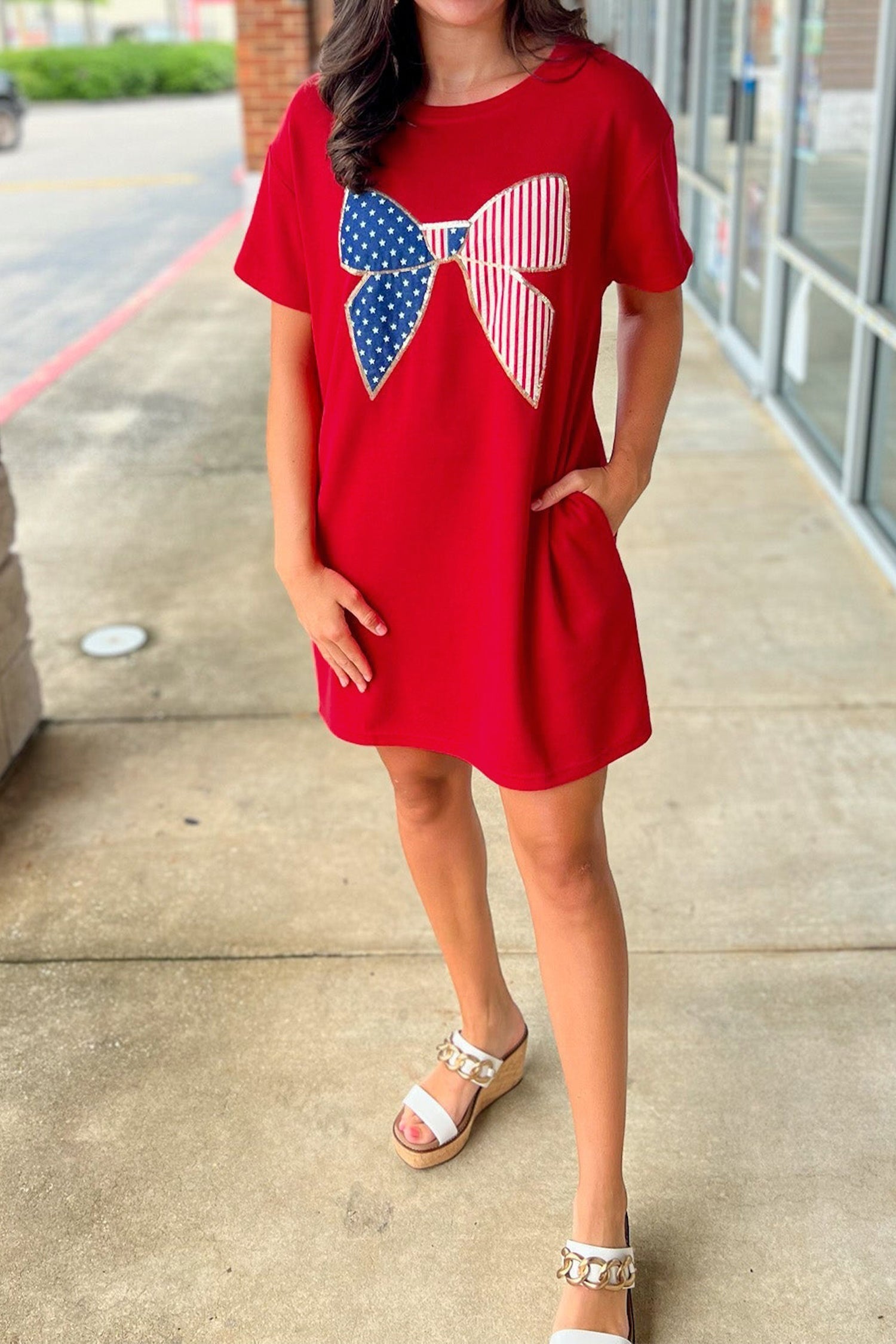 Stars &amp; Stripes Bow Sequin Trim Mini Dress