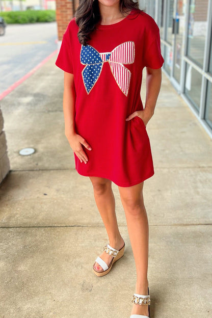 Stars &amp; Stripes Bow Sequin Trim Mini Dress