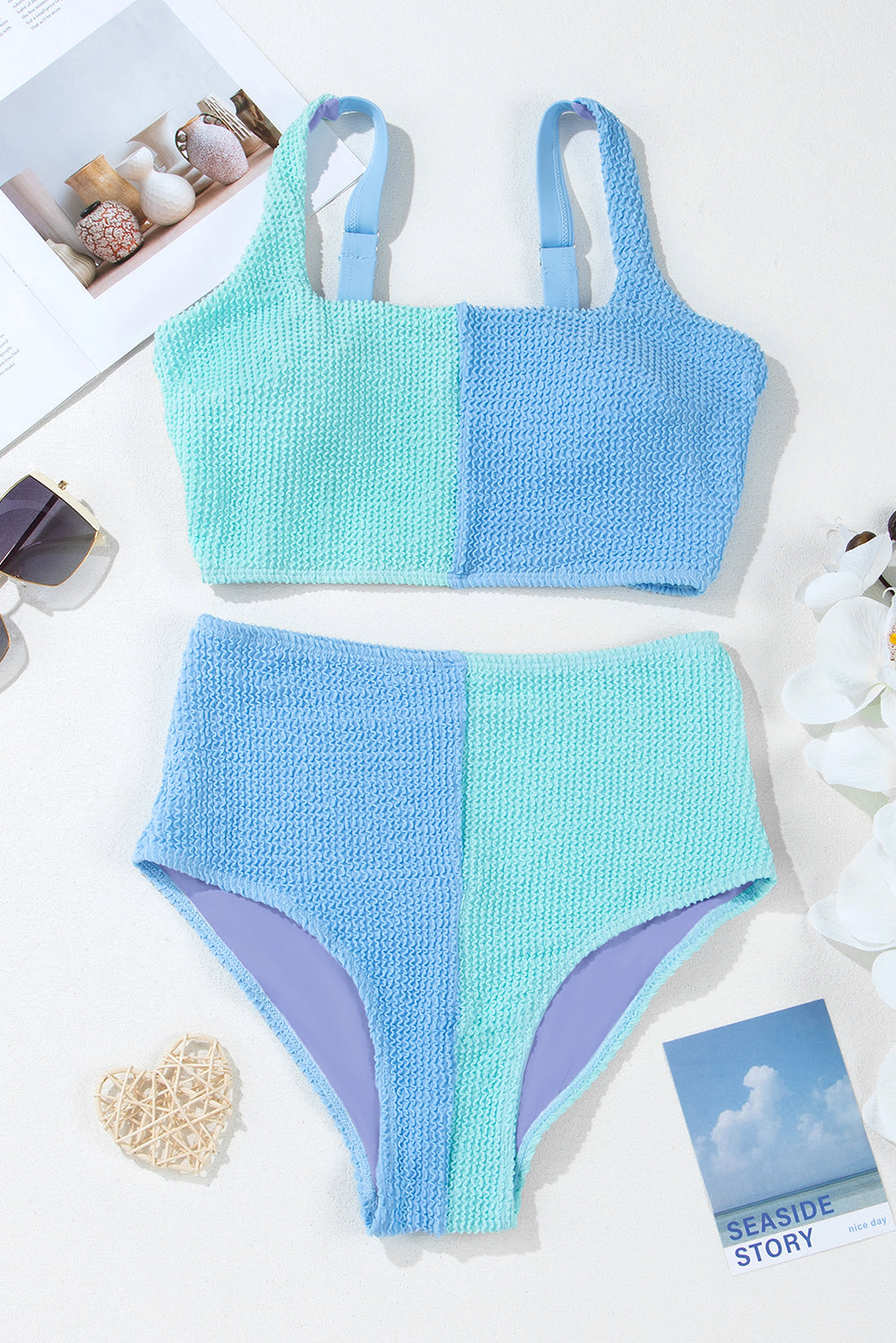 Colorblock Corded Top &amp; High Waist Bikini Set
