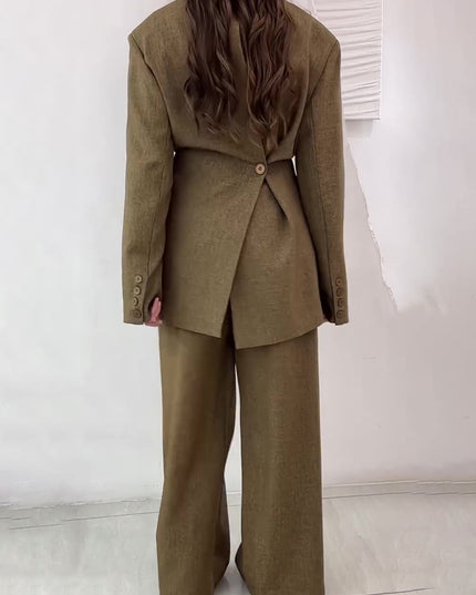 Solid Color Slit Back Buttoned Waist Blazer & High Waist Pants Set