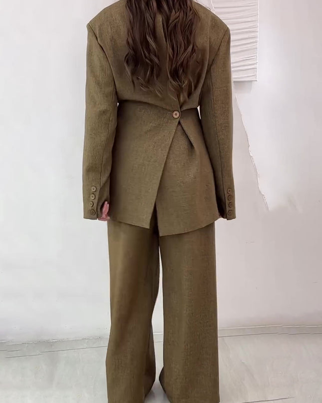 Solid Color Slit Back Buttoned Waist Blazer & High Waist Pants Set