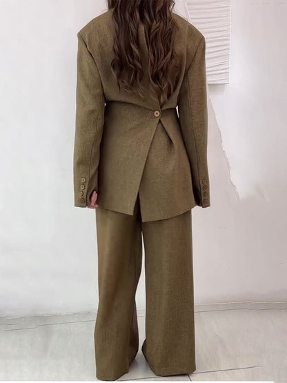 Solid Color Slit Back Buttoned Waist Blazer &amp; High Waist Pants Set
