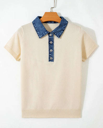 Denim Patchwork Polo Collar Short Sleeve Sweater