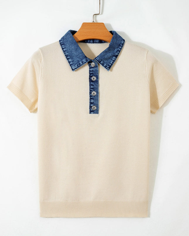 Denim Patchwork Polo Collar Short Sleeve Sweater