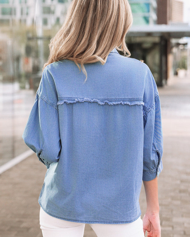 Denim Chambray Drop Shoulder 3/4 Sleeve Shirt