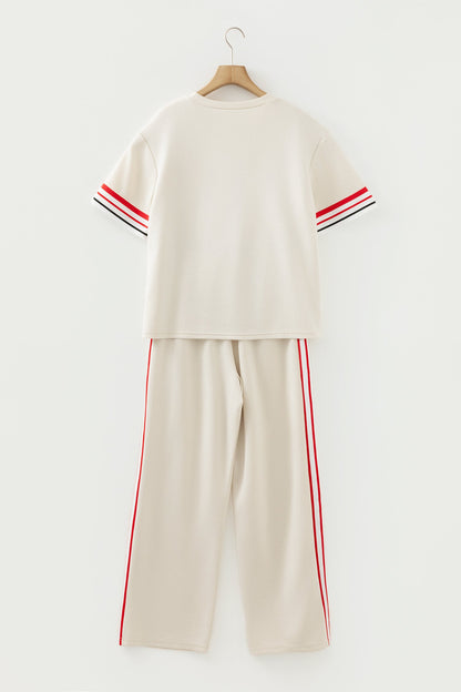 Contrast Stripe Crewneck Top &amp; Straight Pants Set