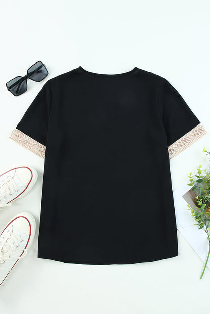 Lace Trim V-Neck Short Sleeve Casual Blouse