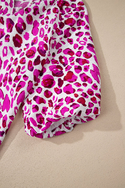 Leopard V-Neck Puffy 3/4 Sleeve Ruffle Blouse