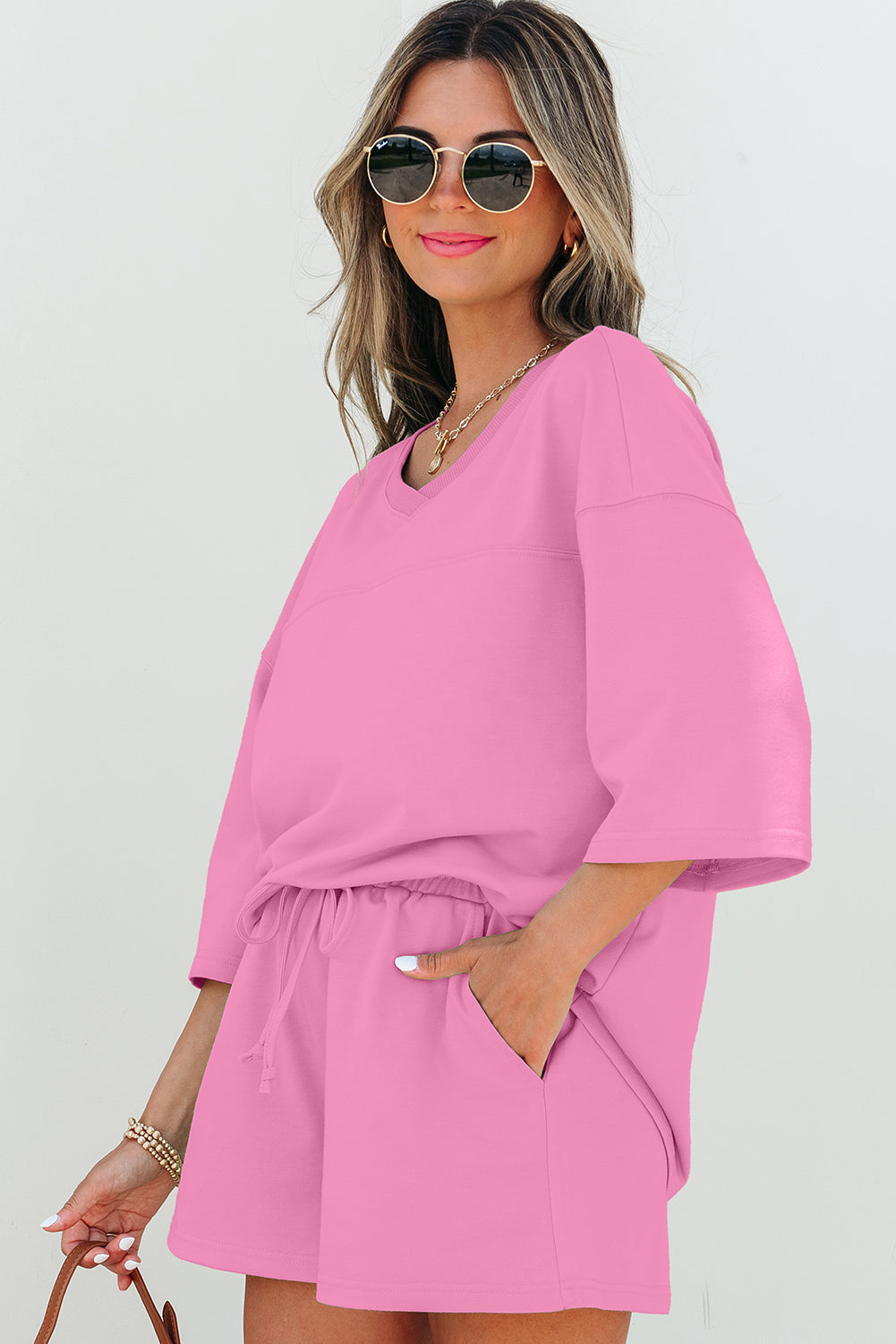 Solid Loose V-Neck Tee &amp; Drawstring Shorts Set