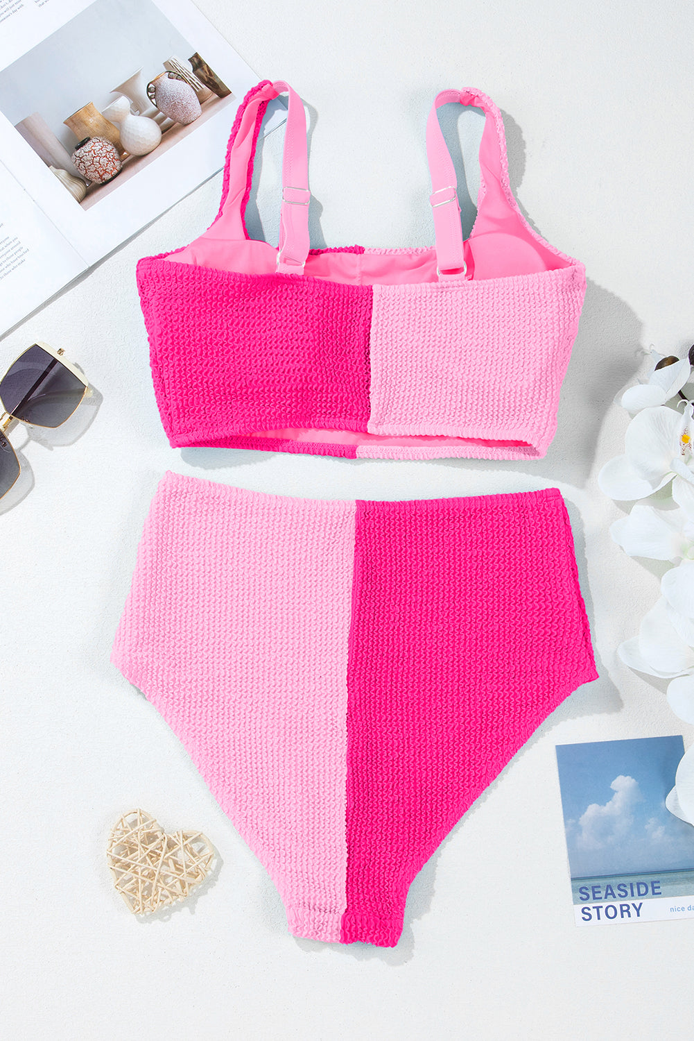 Colorblock Corded Top &amp; High Waist Bikini Set