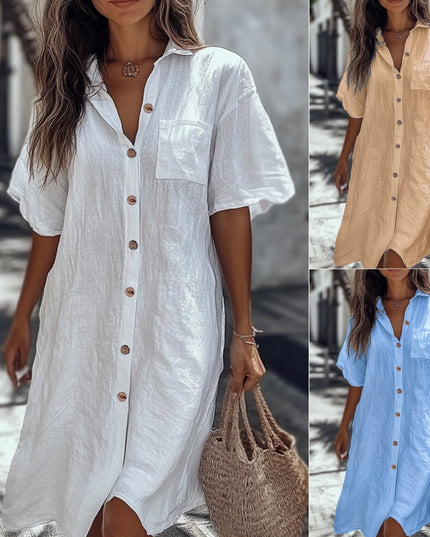 Casual Solid Shirt Dress Lady Fashion Short Sleeve Button Loose Dresses Women Elegant Office Skirt Womens Clothing Summer