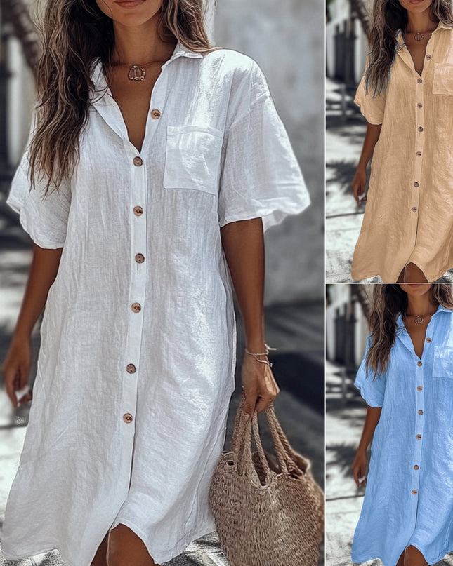 Casual Solid Shirt Dress Lady Fashion Short Sleeve Button Loose Dresses Women Elegant Office Skirt Womens Clothing Summer
